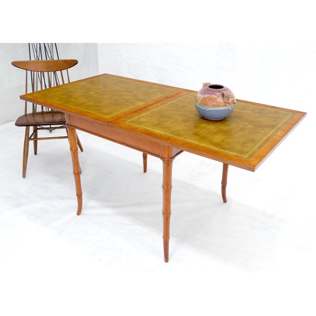 Fine Olive Green Leather Top Faux Bamboo Legs Flip Game Dining Table MINT For Sale - Image 14 of 14