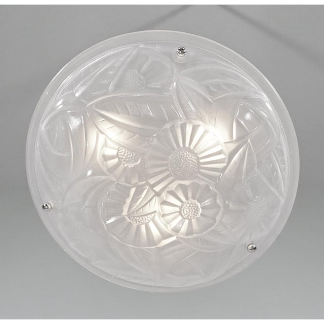 Art Deco Degue French Art Deco Pendant Chandelier Circa 1930 - Frosted Glass & Nickeled Bronze For Sale - Image 3 of 10