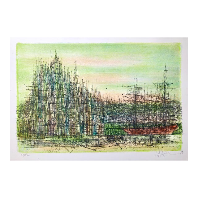 Jean Carzou, Carzou French Modernist Color Lithograph Paris Cathedral Architecture with Boat, 1968 For Sale