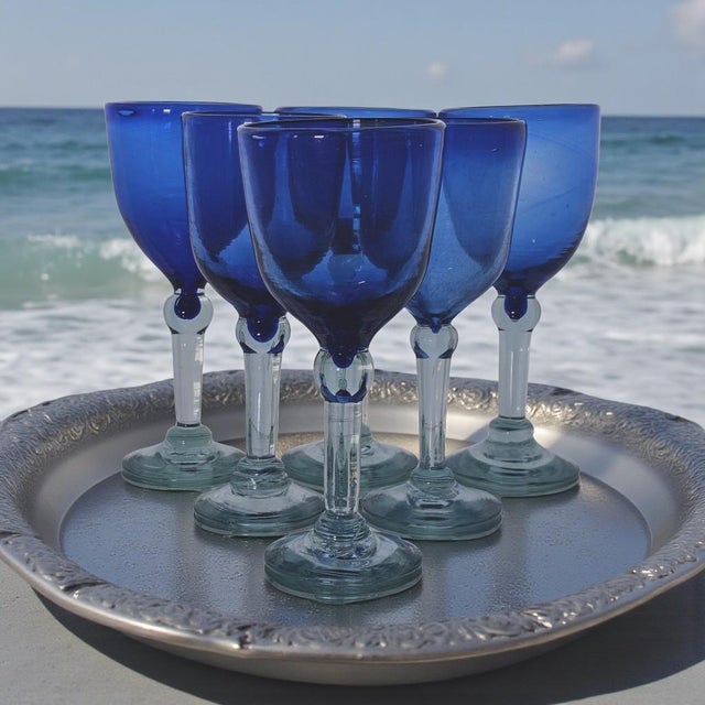 Contemporary Late 20th Century Mexican Hand-Blown Cobalt Blue Wine Goblets With Aqua Stems 8" - Set of Six For Sale - Image 3 of 15