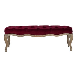 Ramsey Bench in Red Velvet & Pickled Oak Finish For Sale