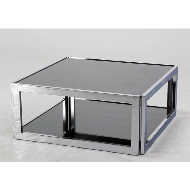 Sharp Square 2 Tier Modern Chrome Base Smoked Glass Coffee Table w/ Shelf MINT For Sale - Image 10 of 10