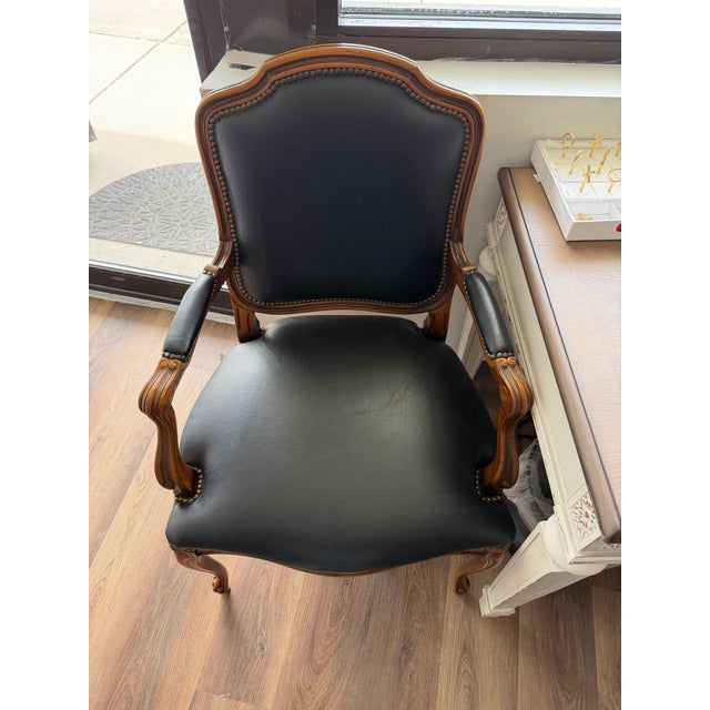 French Vintage 1989 Château D’Ax Italian Black Leather Louis XV Armchair For Sale - Image 3 of 10