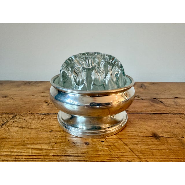 Vintage Flower Frog, Crystal Frog, Silverplate Base. The base is marked "Etains Du Manoir Paris France" and the glass frog...