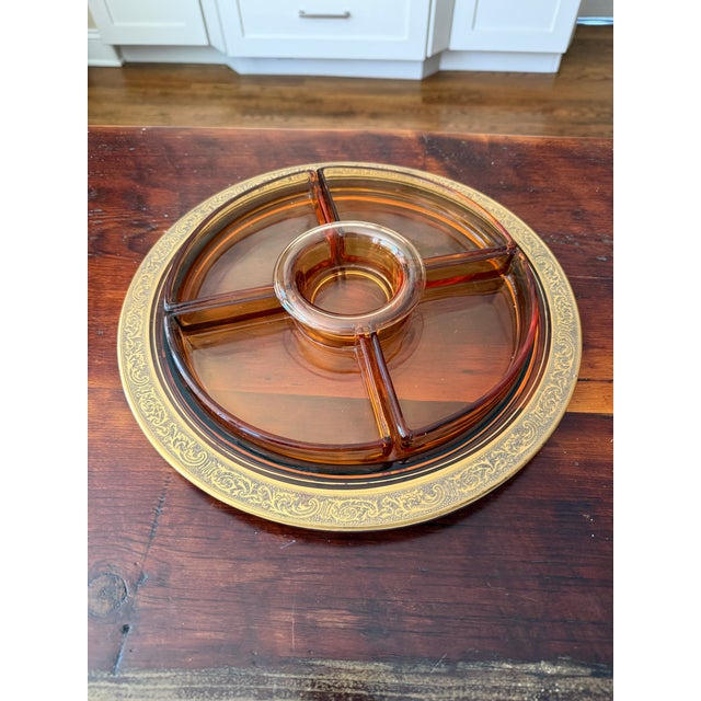 Art Deco Early 20th Century Cambridge Glass Co. Gold Encrusted Amber Glass Divided Relish Dish With Center Insert - 6-Piece For Sale - Image 3 of 12