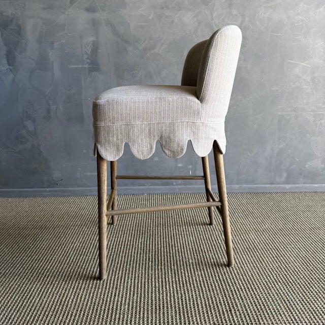 Kate Slip Covered Counter Stool -Ticking 100% Linen With Raw Brass Foot Rail For Sale - Image 9 of 11