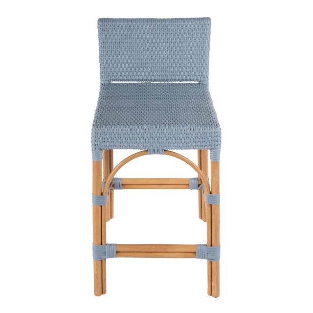 Spritely Home Accent Furniture Serienna 24.5 in. Seat Height Rectangular Rattan Low Back Counter Stool, Baby Blue/ Natural Rattan Frame For Sale - Image 4 of 9