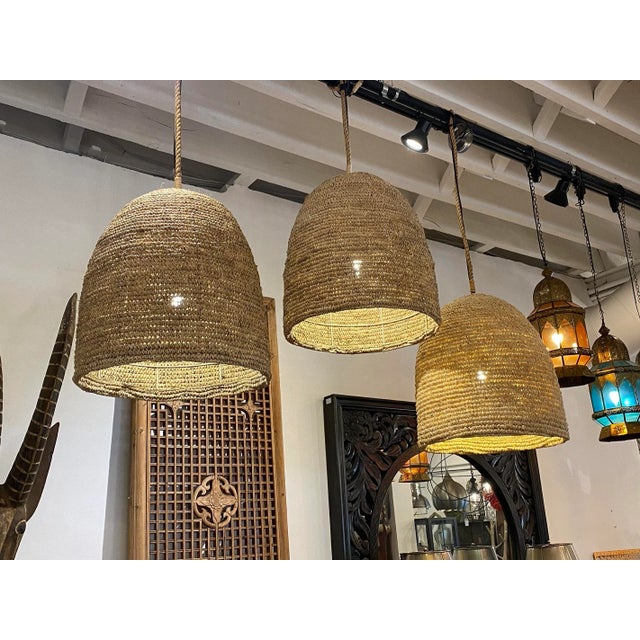 Coastal Woven Seagrass Bell Pendant Light For Sale - Image 4 of 7