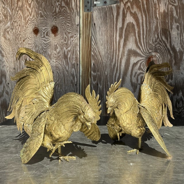 Metal Vintage Boho Brass Roosters - a Pair For Sale - Image 7 of 11