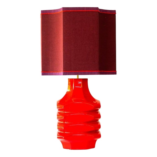 Red Ceramic Table Lamp with Lampshade attributed to R. Houben, 1970s For Sale