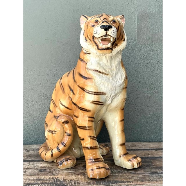 Vintage Italian Ceramic Tiger Statue For Sale - Image 4 of 12