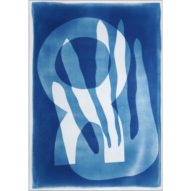 2025, Abstract Bold Marine Shapes, Unique Monotype Cyanotype of Watercolor Paper of "Marine Fauna" by Kind of Cyan For Sale