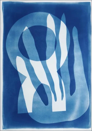 2025, Abstract Bold Marine Shapes, Unique Monotype Cyanotype of Watercolor Paper of "Marine Fauna" by Kind of Cyan