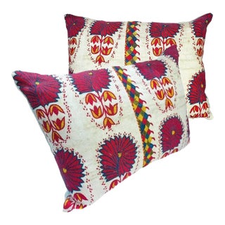 Suzani Fuchsia Daisy Pattern Lumbar Pillows by St Frank - Down Fill - Pair For Sale