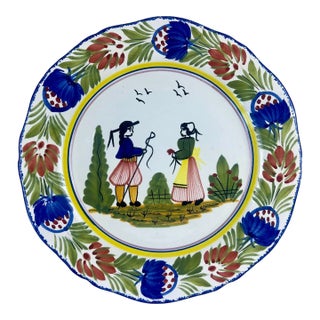 Vintage Hb Quimper Plate | Hand Painted Breton Couple Faience | French Folk Art Pottery For Sale