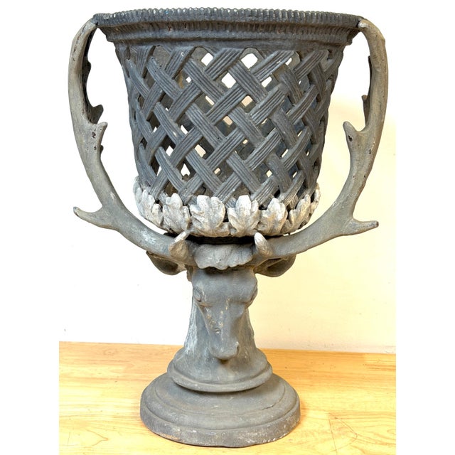 American Monumental J.W. Fiske–Attributed Polychromed Lead Stag-Head Reticulated Urn For Sale - Image 3 of 10