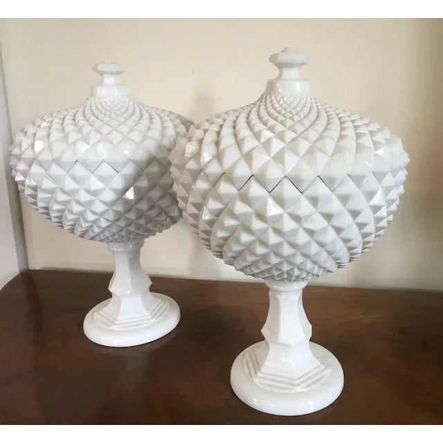 Vintage Milk Glass Covered Centerpiece Bowl with Saw Tooth Design - a Pair For Sale - Image 4 of 12