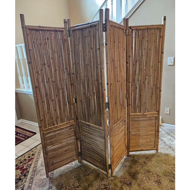 Wood Vintage Bamboo Wood 4-Section Rattan Room Divider Screen For Sale - Image 7 of 12