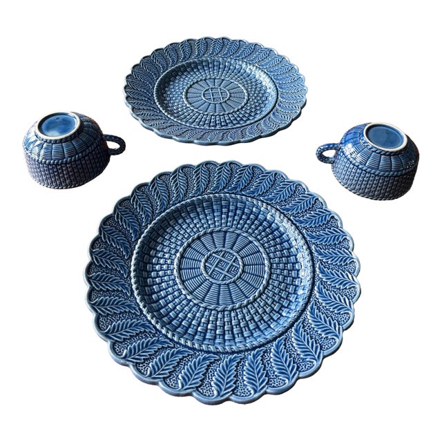 1970s Bordallo Pinheiro Blue Basketweave Dinner Plates and Teacups-4 Pieces For Sale