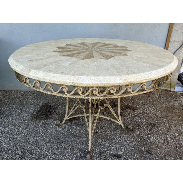 1990s Thomasville 44" Wrought Iron Table W/Tessellated Fossiliferous Limestone Top For Sale - Image 9 of 12
