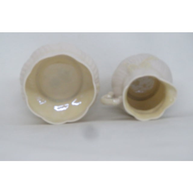 Mid 20th Century Belleek Ireland Porcelain Sugar and Creamer Pair Yellow Ribbon Pattern 4484b For Sale - Image 16 of 16
