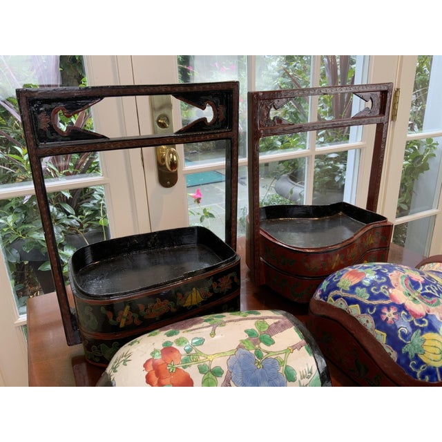 Antique Chinese Lacquered Stacked Lunch Box With Porcelain Inset—A Pair For Sale - Image 9 of 9