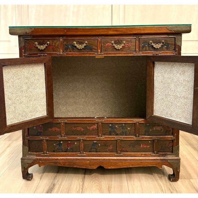 Asian Vintage Korean Scholar's Cabinet With Hand-Painted Hunting Scenes For Sale - Image 3 of 16