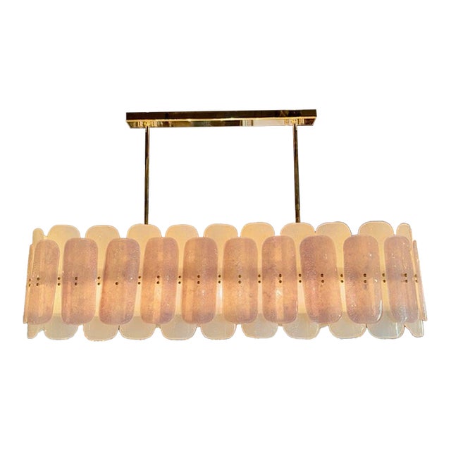 Modern Frost and Pink Murano Glass and Brass Oval Chandelier For Sale