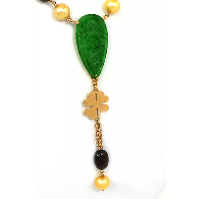 Late 20th Century Leaderline Jade Pearls Smoky Quartz Gems 18k Rose Gold Necklace For Sale - Image 5 of 5