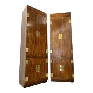 1970s Henredon Campaign Style Tall Fitted Cabinets Set of 2 For Sale