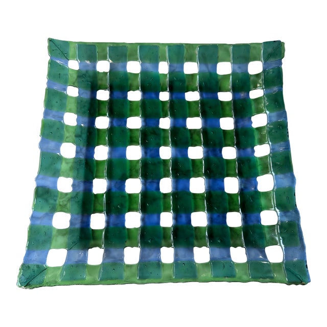 Vintage Large Hand-Blown Art Glass Fruit Bowl / Platter in Basketweave Lattice Design For Sale