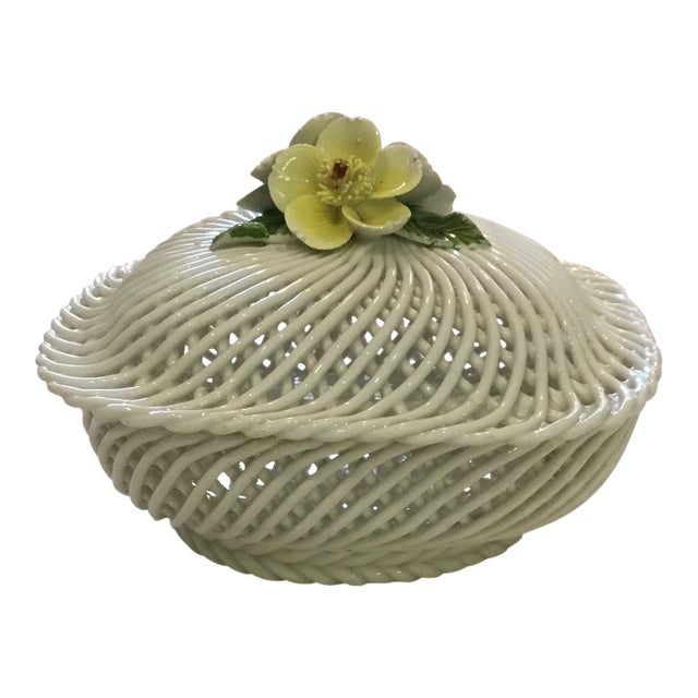 Vintage Capodimonte Lattice Box With Flowered Lid For Sale