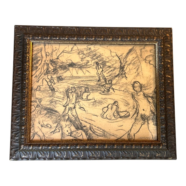 1940’s Original Abstract Expressionist Nude Figures Charcoal Drawing For Sale