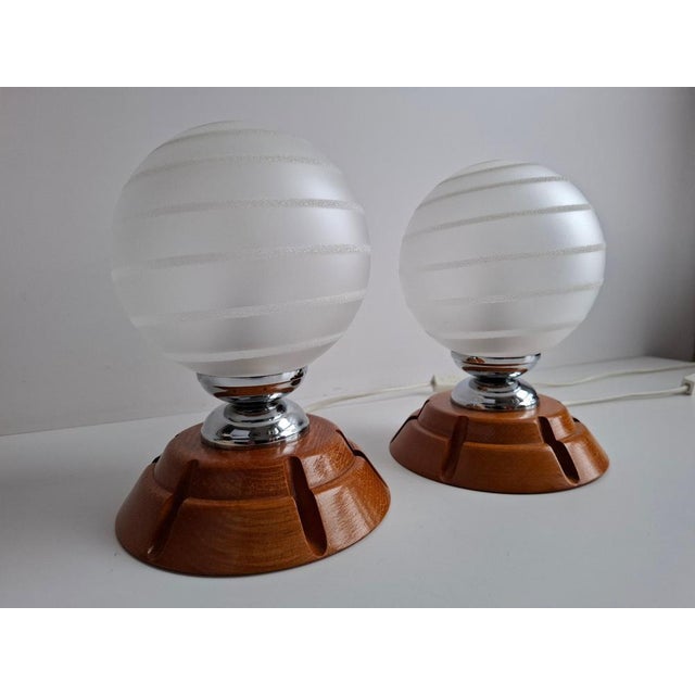 Mid-Century Style Czech Wood and Frosted Glass Table Lamps, 1990, Set of 2 For Sale - Image 9 of 14