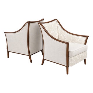 McGuire Style Rattan Armchairs, Walnut Finish and Neutral Upholstery, a Pair For Sale