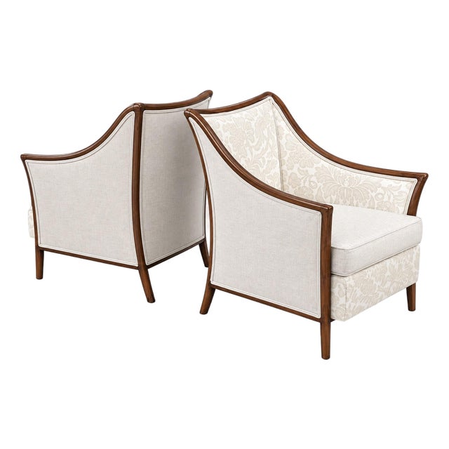 McGuire Style Rattan Armchairs, Walnut Finish and Neutral Upholstery, a Pair For Sale