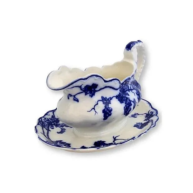 Flow Blue Grapevine Warwick Gravy Boat For Sale - Image 4 of 5