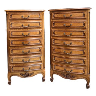 Pair Vintage French Chests 7 Drawer Semainier Louis XV Style Carved Oak For Sale