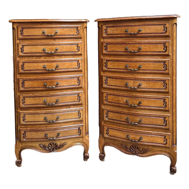 Pair Vintage French Chests 7 Drawer Semainier Louis XV Style Carved Oak For Sale