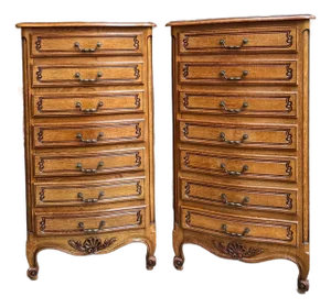 Pair Vintage French Chests 7 Drawer Semainier Louis XV Style Carved Oak