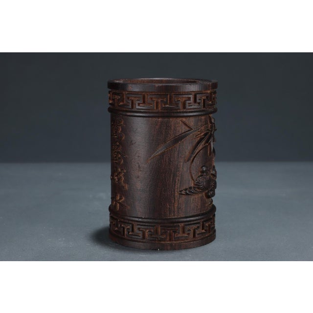 Hand-Carved Agarwood Brush Pot With Mandarin Duck Water Motif For Sale - Image 6 of 8