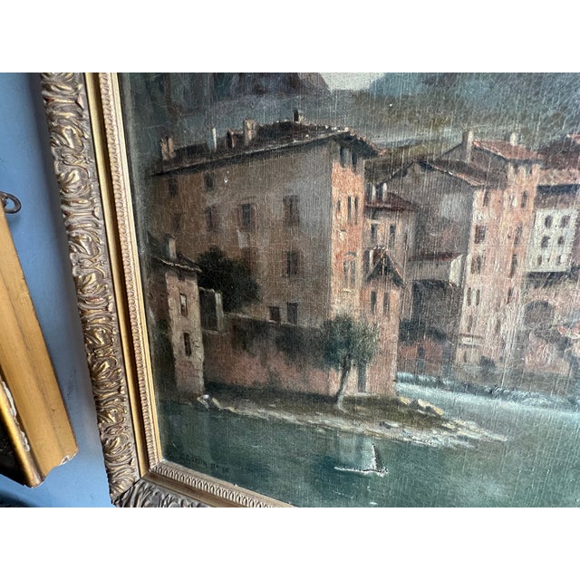 Lively Village by the River, 20th Century, Oil Painting on Canvas, Framed For Sale - Image 6 of 18