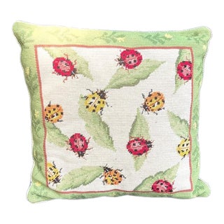 1960s Green Velvet / Needlepoint Ladybug Pillow For Sale