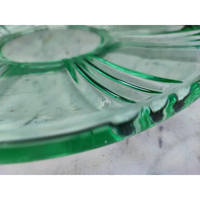 Glass plate, green, Niemen glassworks, art deco, dimensions: height: 3 cm, diameter: 32.8 cm.