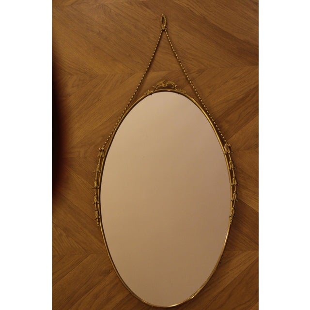 Oval Brass Wall Mirror with Neoclassical Decoration and Brass Chain, 1950s For Sale - Image 10 of 17