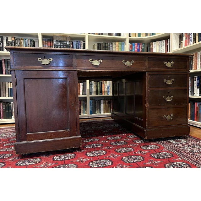 English Antique Mahogany English Tooled Leather Top Partner Desk For Sale - Image 3 of 12