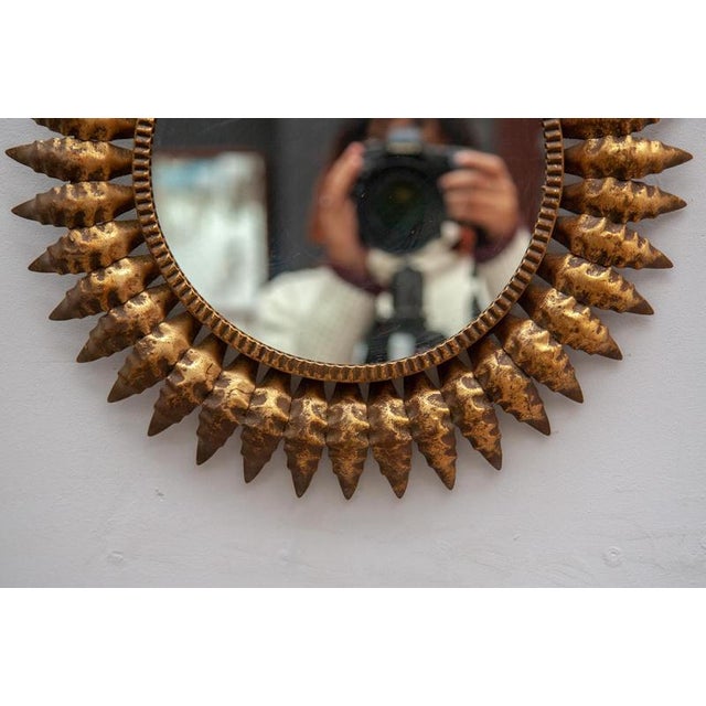 Metal Mid-Century Modern Hand-Crafted Copper and Wood Sunburst Mirror, 1950s For Sale - Image 7 of 10