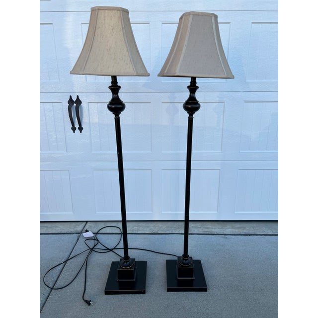 Vintage Mid-Century Rustic Ebony With Brass Metal Floor Lamps With Square Stacked Base and Beige and Brown Speckled Flared Shades - a Pair For Sale - Image 13 of 13
