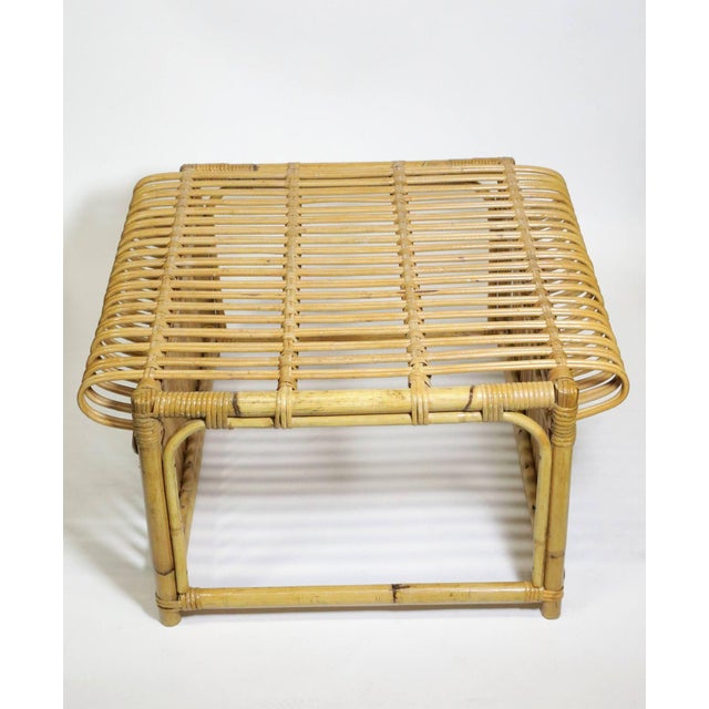 Wood 1970s Restored Skeleton Italian Pencil Reed Rattan Ottoman Footstool in the Style of Franco Albini For Sale - Image 7 of 9