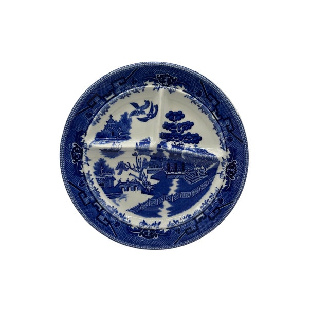 Vintage Shenago Blue Willow China Divided Ceramic Plate For Sale - Image 10 of 12
